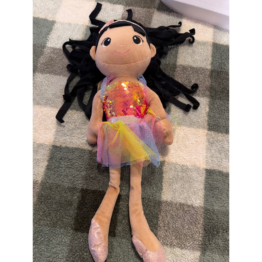 Hobby Lobby Plush Ballerina Doll Rainbow Sequin Tutu Black Hair Soft Rag Doll